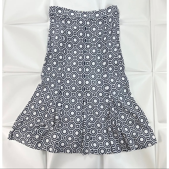Tory Burch Sz XS Navy Blue White Geometric Print Midi Flared Hem Skirt Slinky - Picture 1 of 6